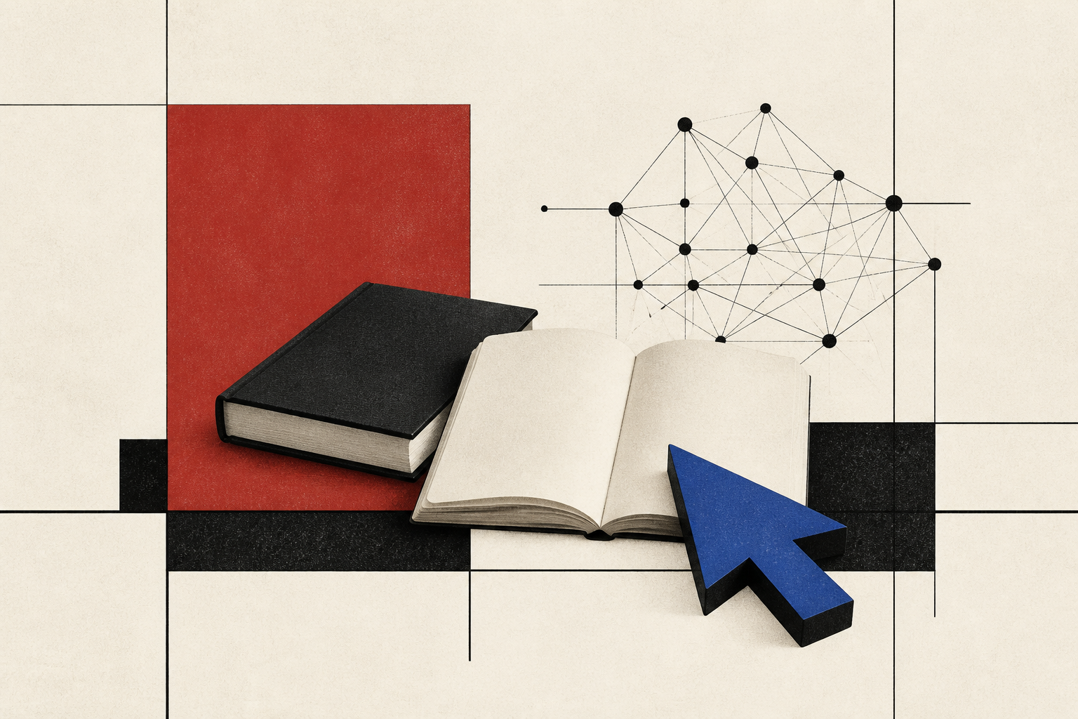 Libro e taccuino aperto con rete di punti e cursore blu: formazione per avvocati e intelligenza artificiale